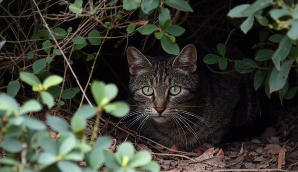A feral cat displaying cautious behavior