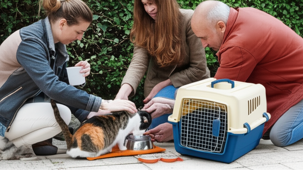 A group of stray cats being fed by a community volunteer