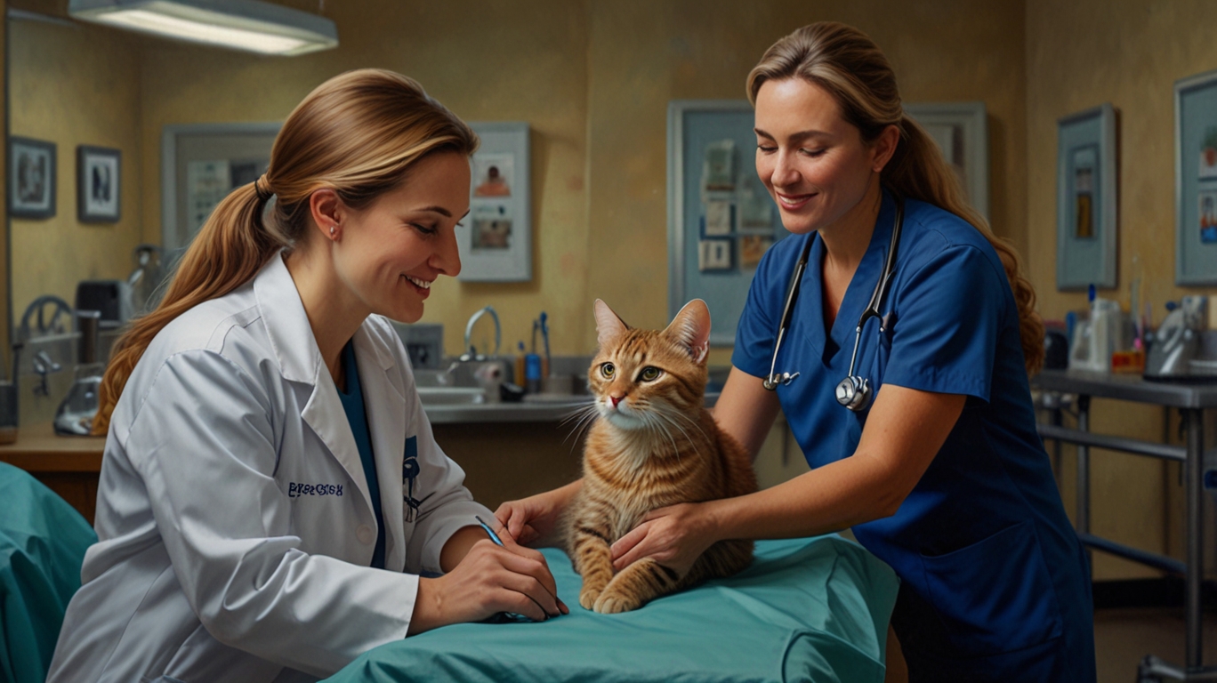 Two veterinarians examining a cat during a clinic visit