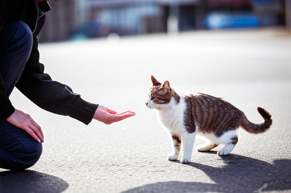 A person carefully approaching a stray cat with food