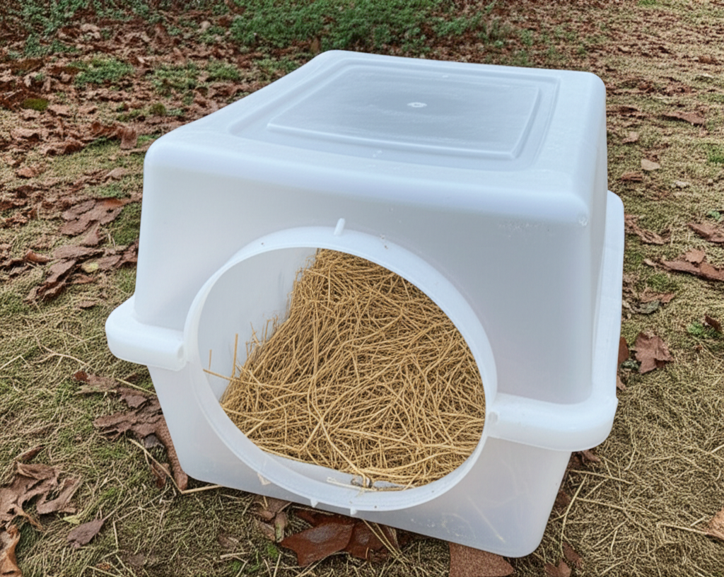 A simple DIY cat shelter made from a plastic container with straw bedding