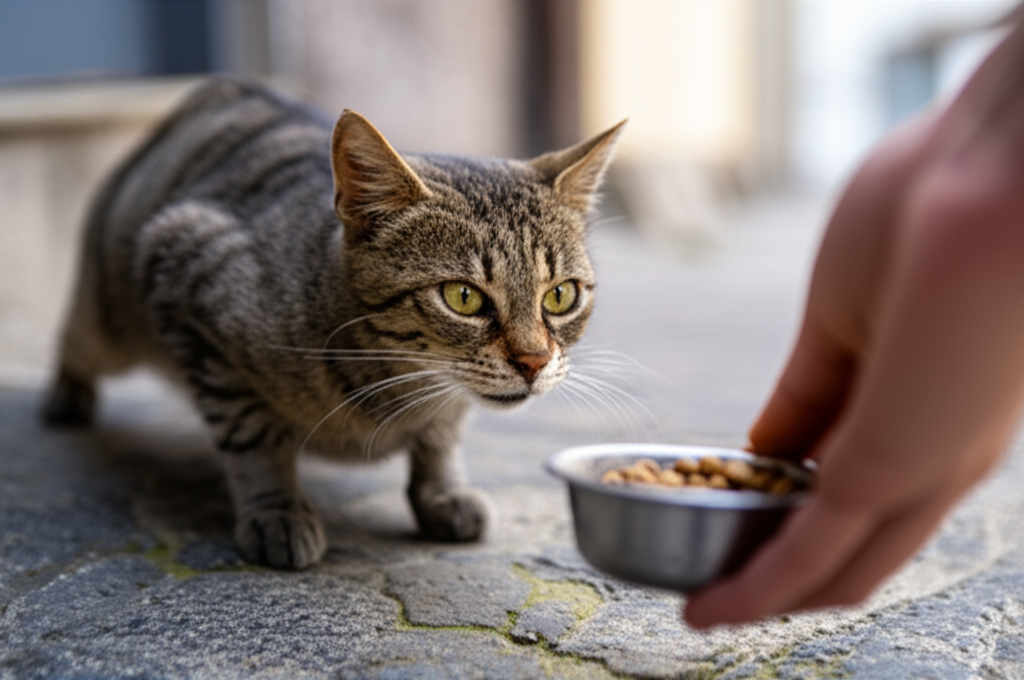 A stray cat cautiously approaching a human